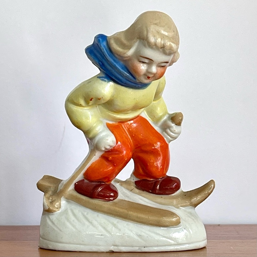 Vintage Figurine Girl Skiing Ceramic Made in Japan